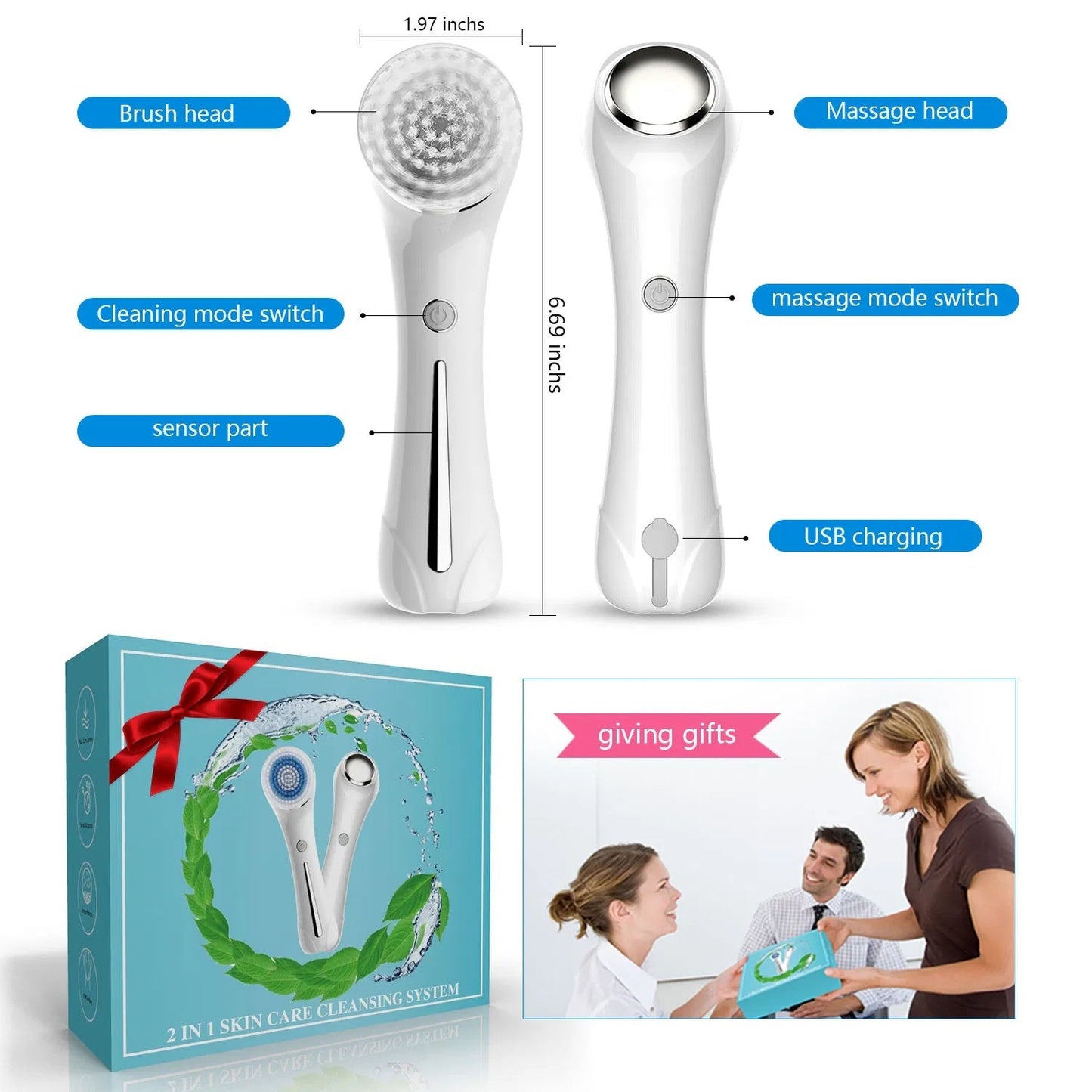 Facial Cleansing Brush, Brush For Exfoliating, IPX7 Waterproof 3 In 1